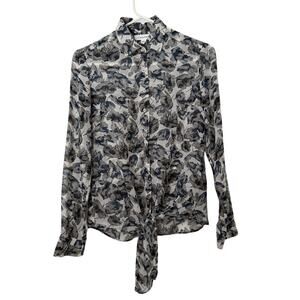 Calvin Klein Floral Button-Down Tie Front Blouse - Gray/Navy, Size S